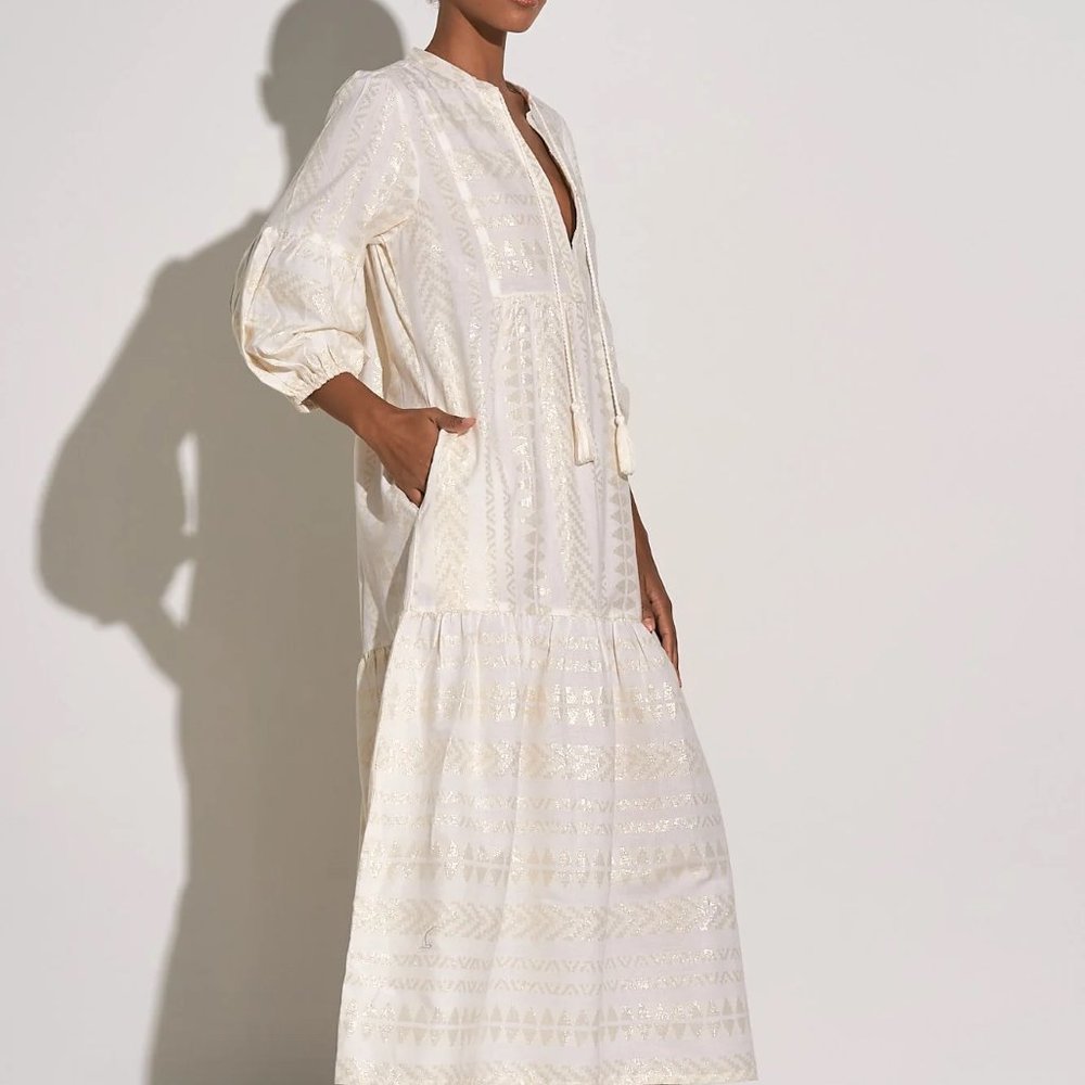 Elan NWOT Coastas Kaftan Maxi Dress White & Gold Bohemian Vacation Sz XS - Picture 2 of 7